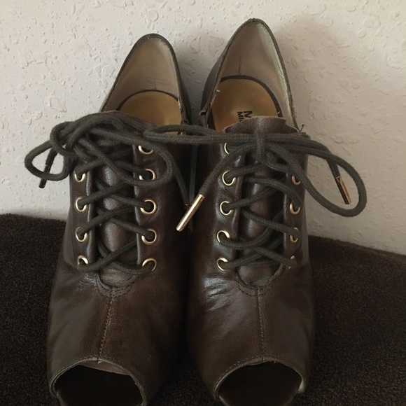 Michael Kors Booties Womens 7M Oxford Stiletto Heels Brown Leather Peep Toe - Picture 2 of 5